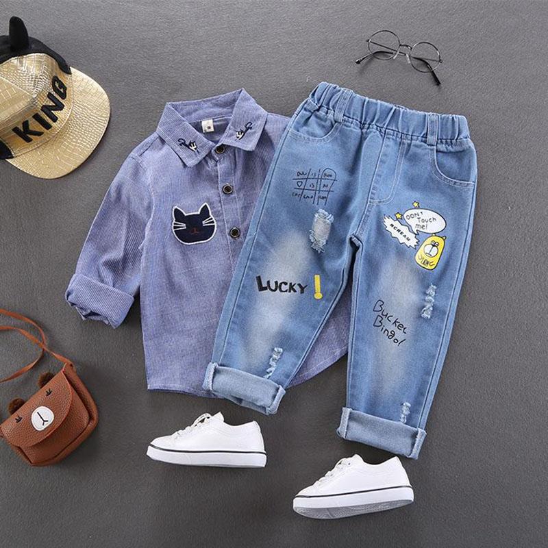 Spring and Autumn Boy and Girl Jeans Pants Children's Wear Korean Casual Pants Printing Baby Jeans Thin Ripped Jeans