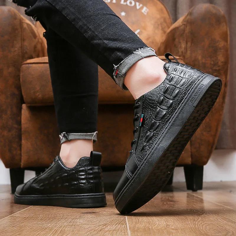 Summer Black Men's Leather Shoes Crocodile Pattern Leather Casual Men's Sneakers Men's Waterproof Work Shoes