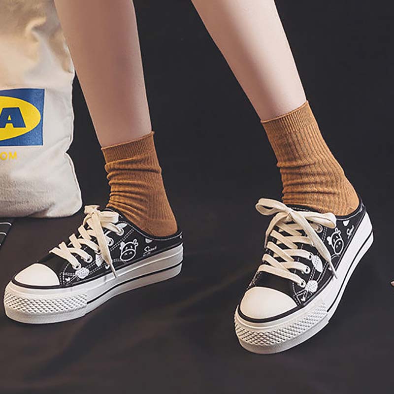 No Heel Half-drag Canvas Shoes Female Cow Korean Students All-match Lazy Thick-soled Increased White Shoes