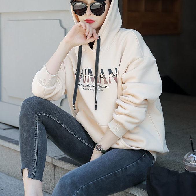 Women's Hooded Plush Tops Autumn and Winter Versatile Coat Solid Color Casual Loose Letter Printed Hoodies