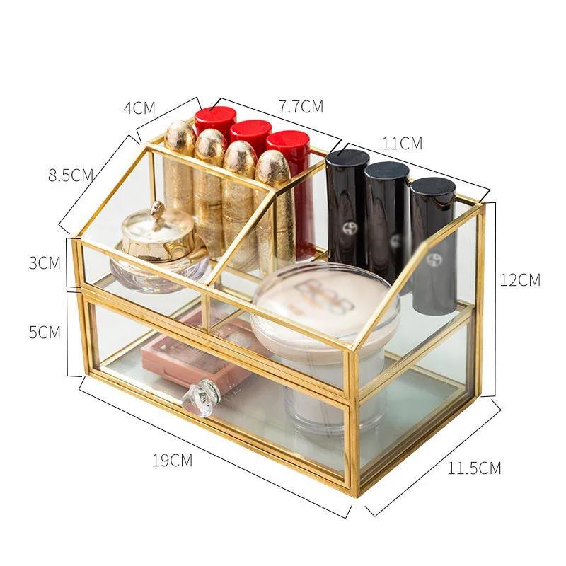 European-style Brass Small Transparent Glass Cosmetic Storage Box Skin Care Products Perfume Lipstick Pressed Powder Desktop Rack