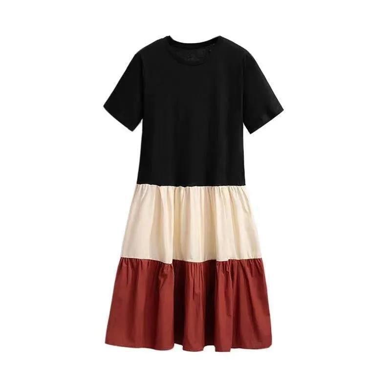 Women Vintage High Waist Large Size Holiday Dress Elegant Slim Pleated Splicing Casual Dress