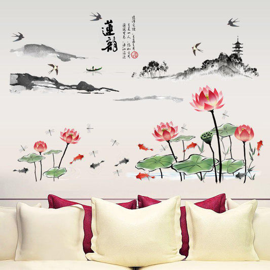 [Wall sticker ]Chinese Style Lotus Rhyme Character Painting Art Wall Stickers Diy Living Room Bedroo