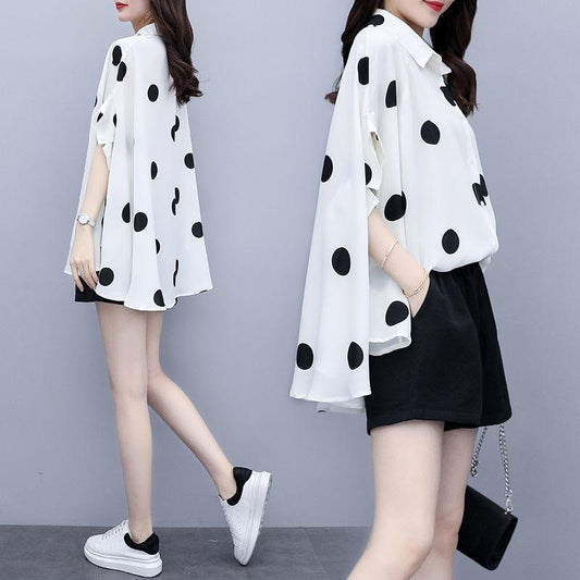 Set Polka Dot Large Size Loose Thin Temperament Shorts Two-piece Polka Dot Loose Large Size Shirt + Black Shorts Elegant Temperament