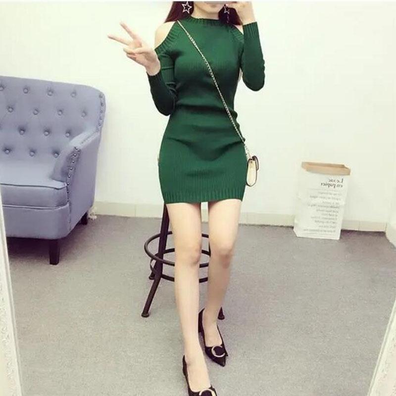 Spring Autumn Women's Knitted Pullover Sweater Sexy  Off-shoulder Long Sleeve Knit Dress Women's Mid-length Bag Hip Base Bodycon Sweater Dress