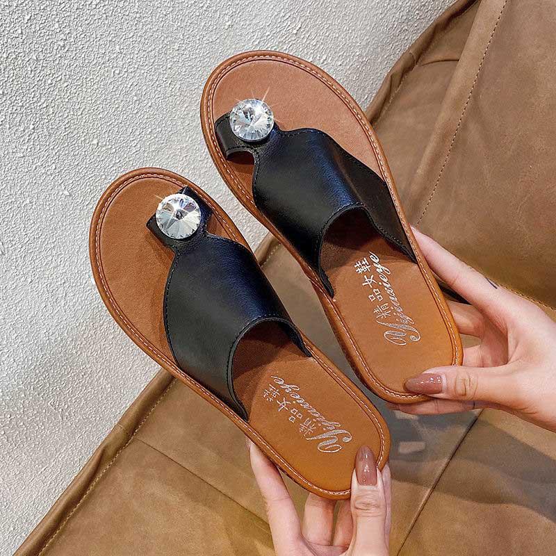 Plus Size 35-40 Summer Women PU Slippers Outdoor Flat Bohemian Beach Wear-resistant Non-slip Office Lady Waterproof Diamond Sandals