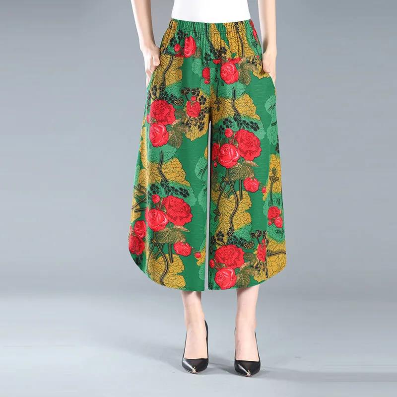 Women Summer Large Size Printed Dance Culottes Loose High Waist Vintage Elastic Casual Cropped Pants