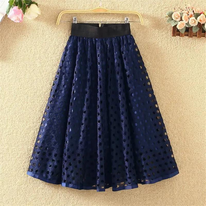 Female High Waiste A-line Versatile Pompous Skirt Circle Cut-out Lace Medium Length Slim Elegant Streetwear Skirt