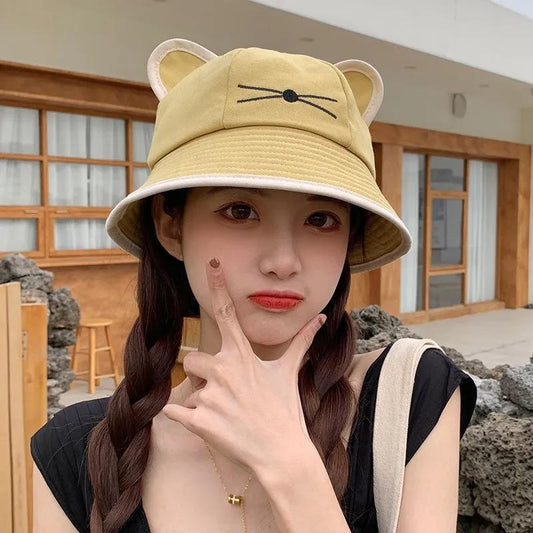 Women's Hat  Spring Autumn Cartoon Cat Ears Fisherman Hat Sweet Cute Student Sun Hat Sunscreen Cap Basin Hat Daily All Match Hat