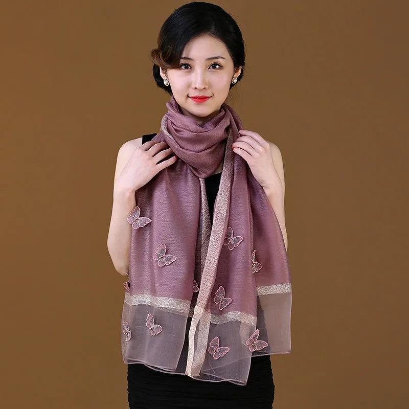 Women's Silk Scarf Mulberry Silk Scarves Autumn Winter Warm Butterfly Embroidery Shawl Long Mother Scarf Female Neck Collar Wrap Shawl Neckerchief