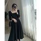 Black Dress Women's Long-sleeved French Retro Hepburn Style Square-neck Long Dress Gentle and Elegant Waist Slimming Square-neck Dress