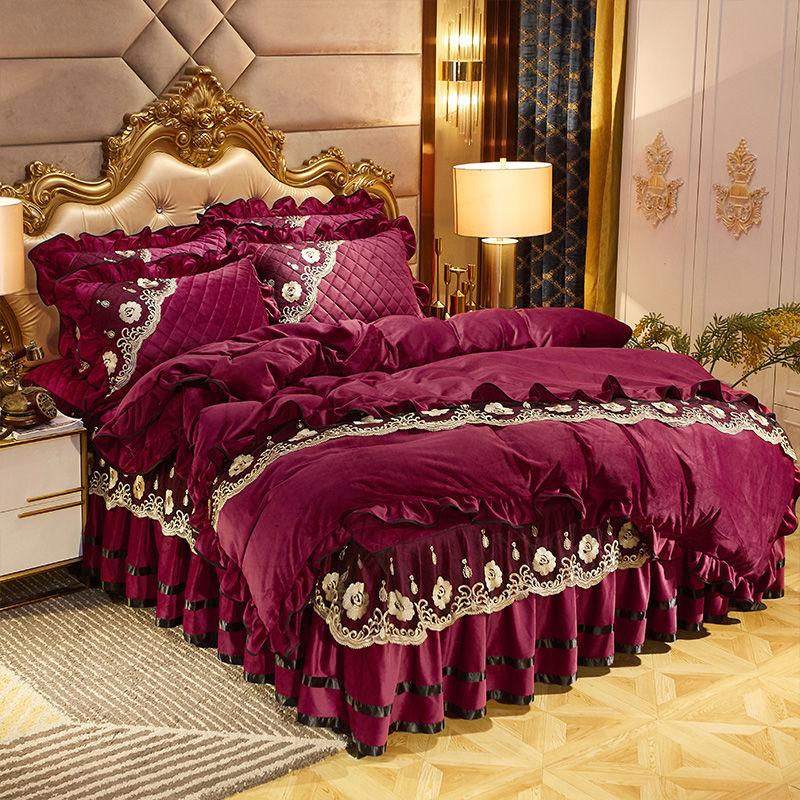 4pcs/set Crystal Velvet Warm Bed Skirt Plus Velvet Thick Bedding Korean High-end Bed Linen