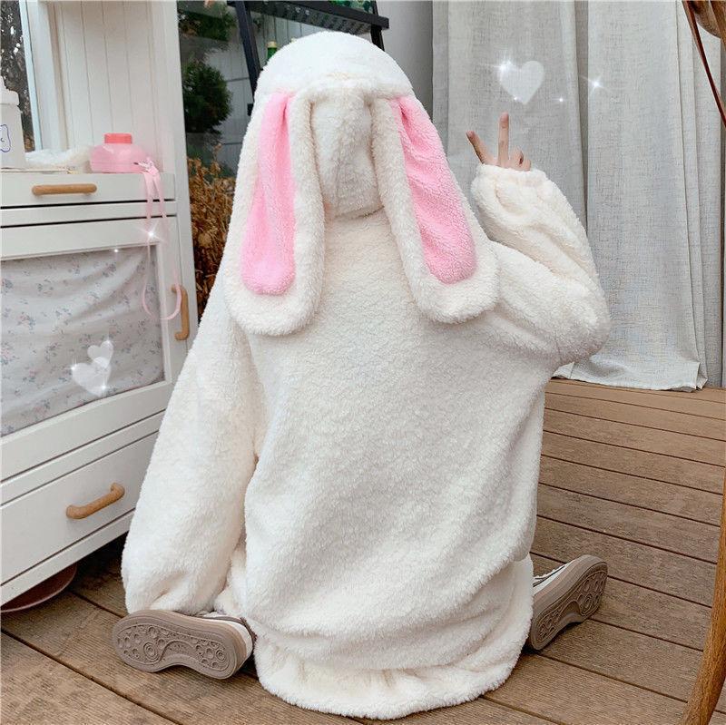 Rabbit Ears Hoodies Women Zip-up Sweatshirts Coat Long Lantern Sleeve Hooded Lolita Cute Sweet Girls Harajuku Warm Baggy for Her