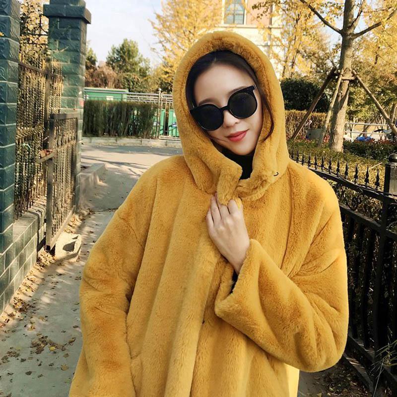 WTEMPO Faux Fur Furry Over-the-knee Jacket Winter Large Size Long Hooded Loose Thick Warm Coat Pie Overcome Women's Clothing