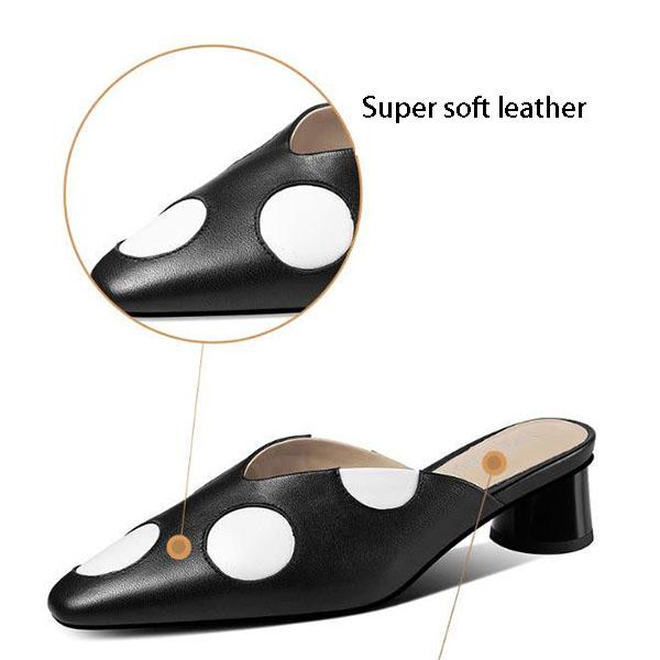 Slippers for Women Outer Wear Polka-dot Fashion Mid-heel Women's Shoes Soft Leather Half-drag Thick Heel Sandals and Slippers