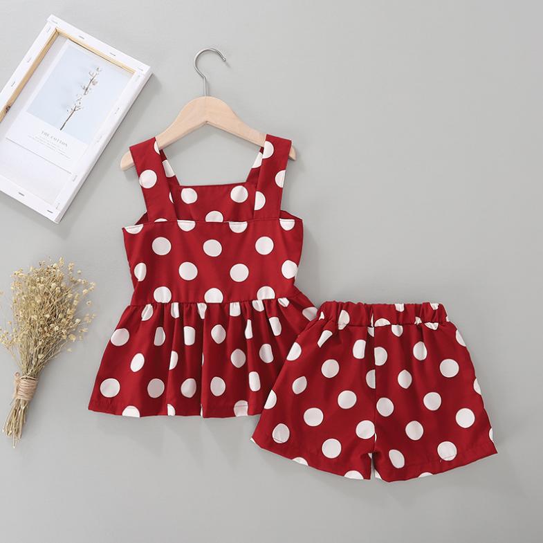 Children's Suit Girls Summer Korean Style Polyster Dot Sling Sleeveless Skirts Shorts Two Piece Set