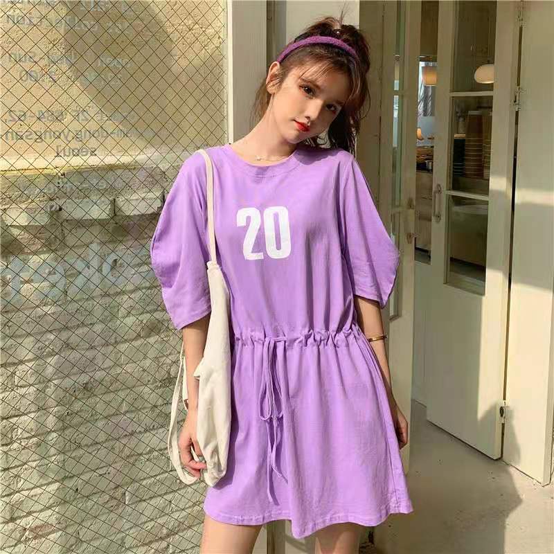 T-shirt Dress Mid-length Women's Summer Waist Waist Was Thinner Drawstring Loose Leisure Sports Style Short Dress