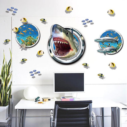 Bathroom decoration pvc wall sticker shark 3D transparent PVC removable fish wallpaper