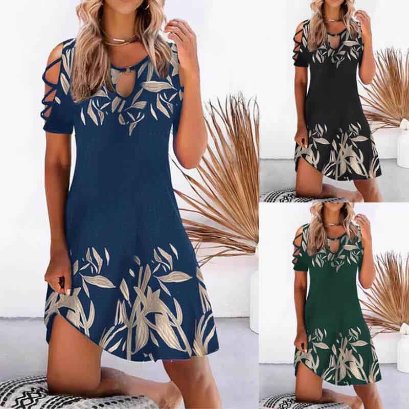 Ladies Floral Print Dress Summer Sexy Cutout Short Sleeve O Neck Vintage Elegant Party Dress