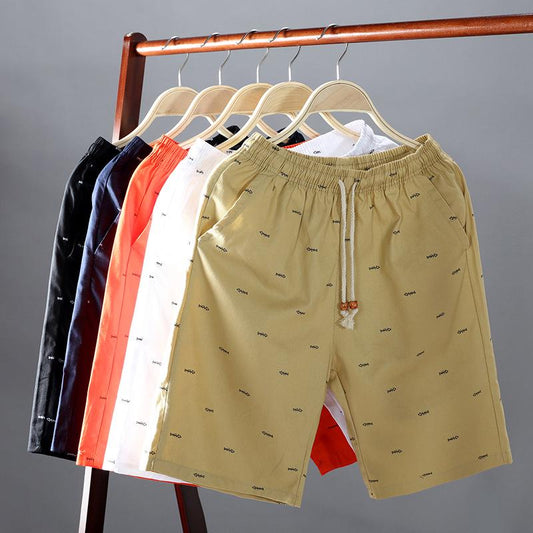 Pure cotton breathable five-point shorts men's summer casual sports shorts outside wearing fish bone print solid color beach pants