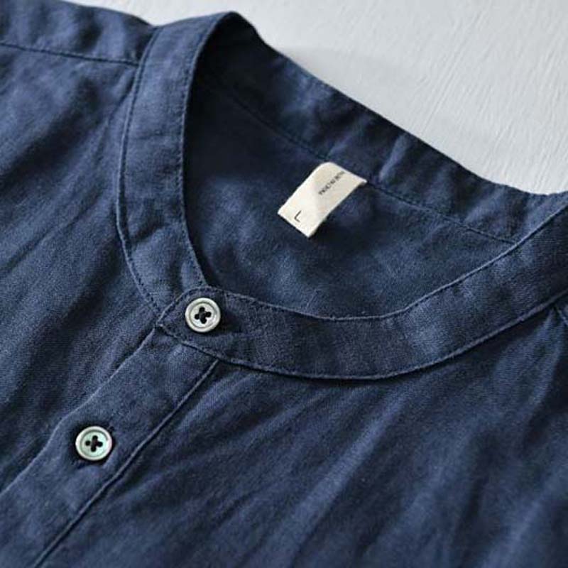 Cotton and Linen Stand-collar Short-sleeved Shirt Summer Men's Loose Thin Casual Retro Breathable Pullover Shirt