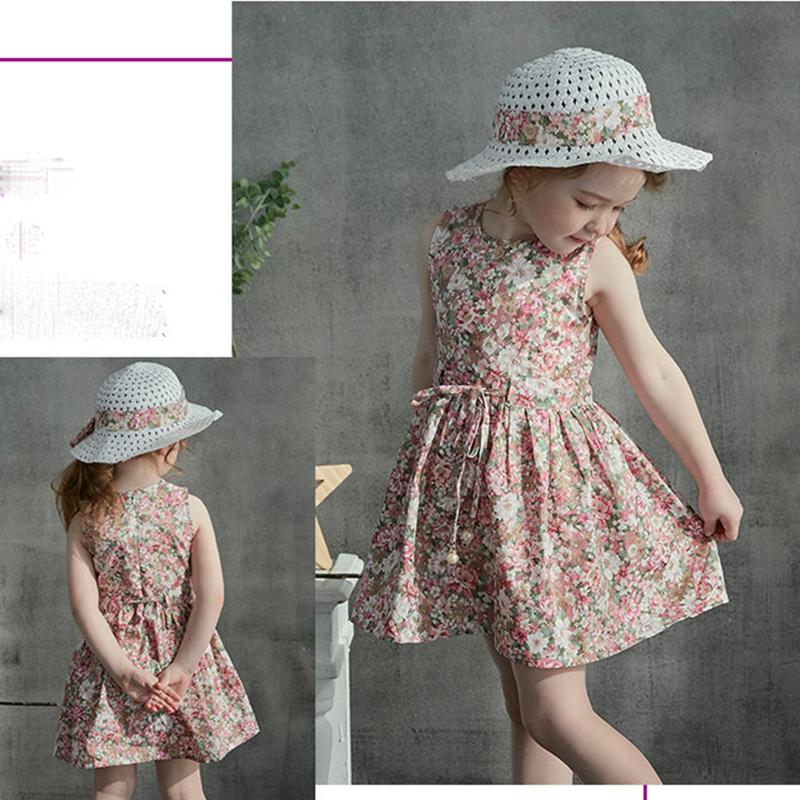 2PCS/Set Girls Dress +Hat Cotton Comfortable Children's Dress Summer Dress Floral Girls' Sleeveless Dress For Children