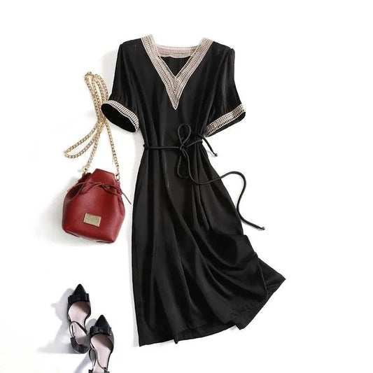 Temperament and Luxury Short-sleeved Dress Delicate Embroidery Waist Belt Mid-length DRESS Women