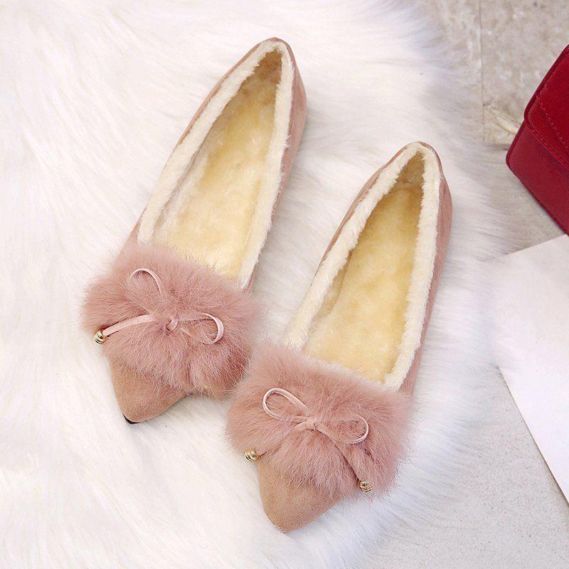 Temperament Plush Shoes Women Winter Moccasin Shoes All-match Autumn Flat Single Shoes Plus Velvet Pedal Peas Shoes