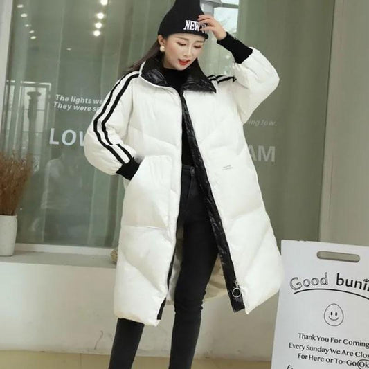 Down Cotton Jacket Winter Thicken Warm Loose Fashion Color Glossy Disposable Stand Collar Mid-length Cotton Jacket Women