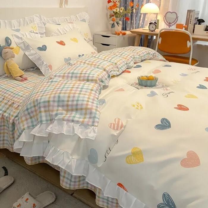 Bedding Four-piece Set Korean Version Pure Cotton Princess Style Skin-friendly Brushed Bed Sheet Quilt Cover Sheet Single Double Bedroom Bedding