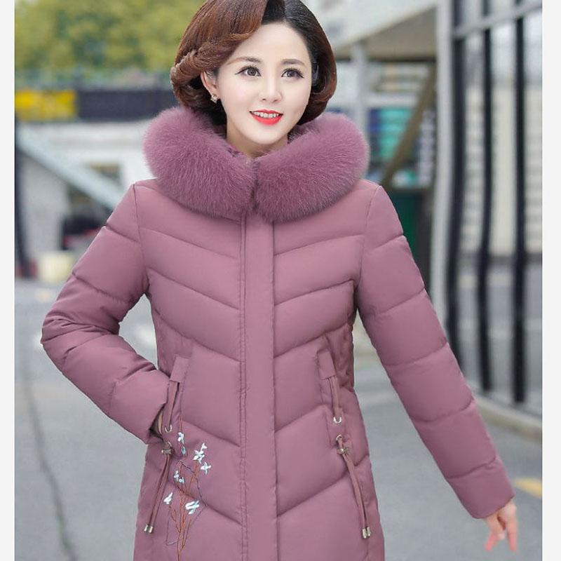 Winter Down Cotton Jacket Fashion Fur Collar Hooded Mid-length Jacket Thick Warm Cotton Jacket Suitable for Middle-aged Women