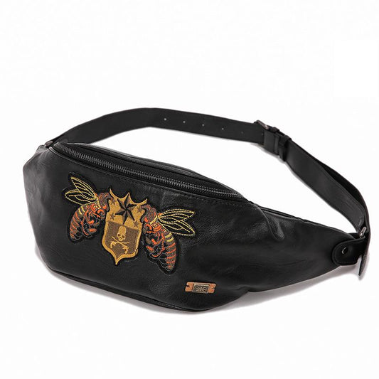 Waist Bag Men Leather Embroidered Rivet Chest Messenger Bags Fitness Sports Shoulder Bag