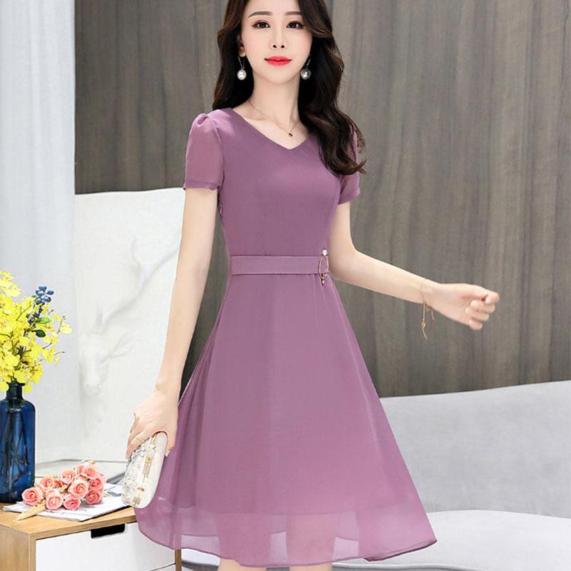 Women's Summer Dress Slim Solid Color V-neck Chiffon Long Skirt