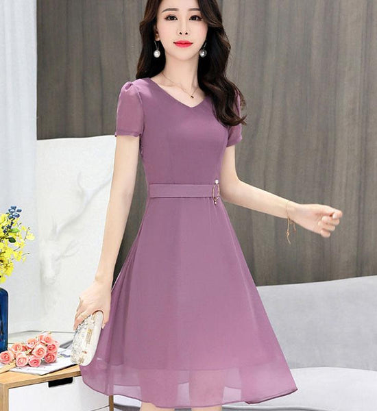 Women's Summer Dress Slim Solid Color V-neck Chiffon Long Skirt