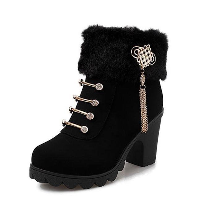 Women's Boots High-heeled Shoes Snow Boots Winter Fur Thick Ankle Boots  Plus Velvet Cotton Shoes