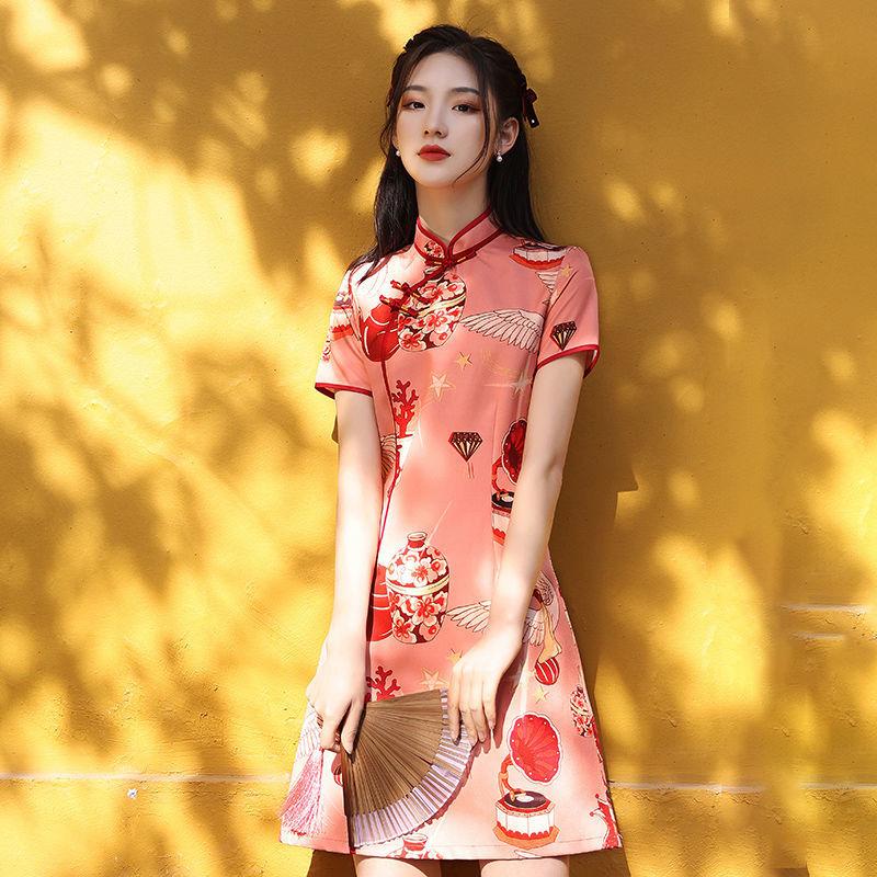 Improved Cheongsam Female Summer Young Girl Can Wear Big Flower Dress National Short