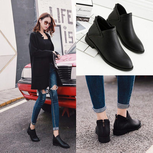 Women Autumn Winter Ankle Boots Slip-on Round Toe Square Heel Solid Casual Black/Camel Booties