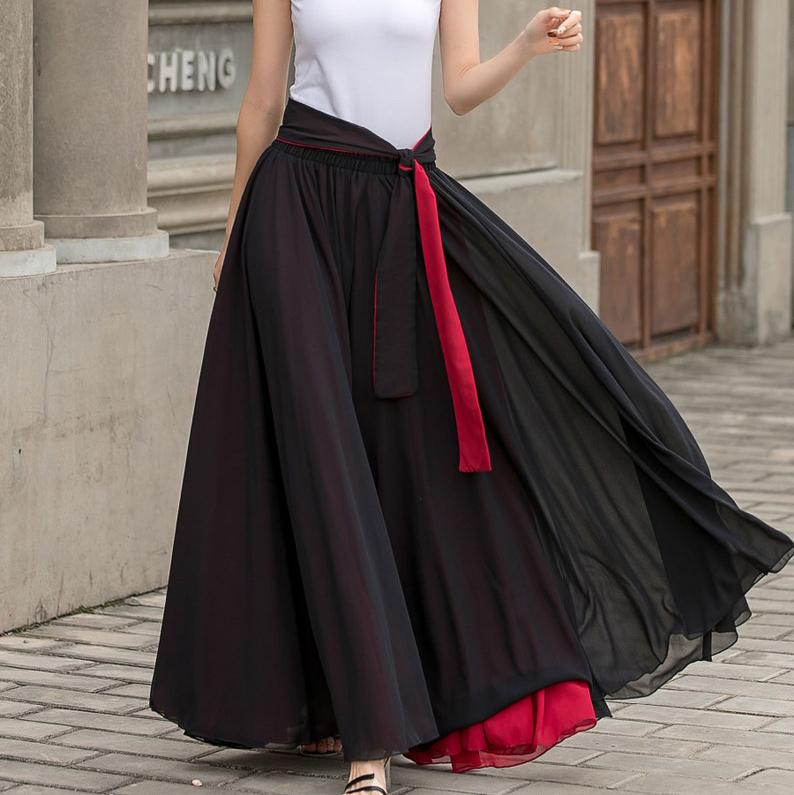 Black Long Chiffon Maxi Skirt Women, Swing Full Circle Skirt, Boho Maxi Skirt, Elastic Waist Chiffon Skirt with Sash, Plus Size Skirt