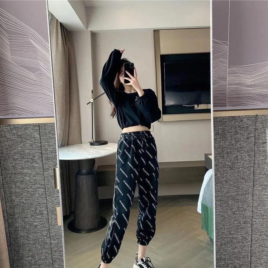 Women Summer Thin Long Pants Vintage Loose Letter Pattern Printed Sport Knickerbockers Versatile Elastic Waist Jogger Pants