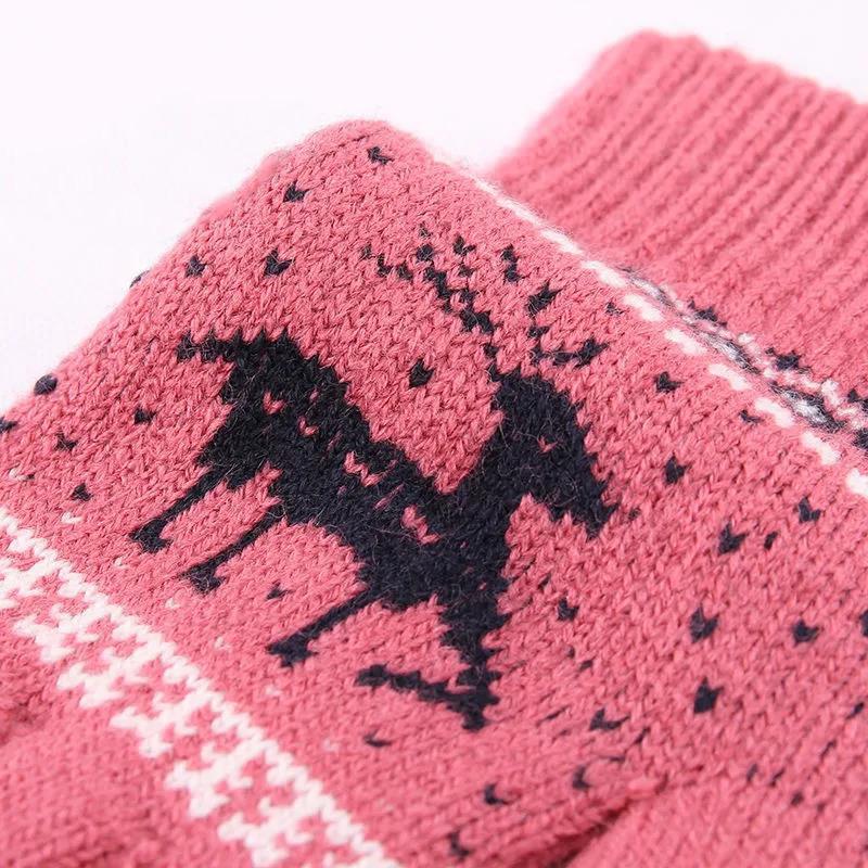 Women's Winter Gloves Touch Screen Mittens Korean Style Cute Deer Wool Knitted Five-finger Outdoor Riding Double Layer Plus Velvet Thickening Gloves