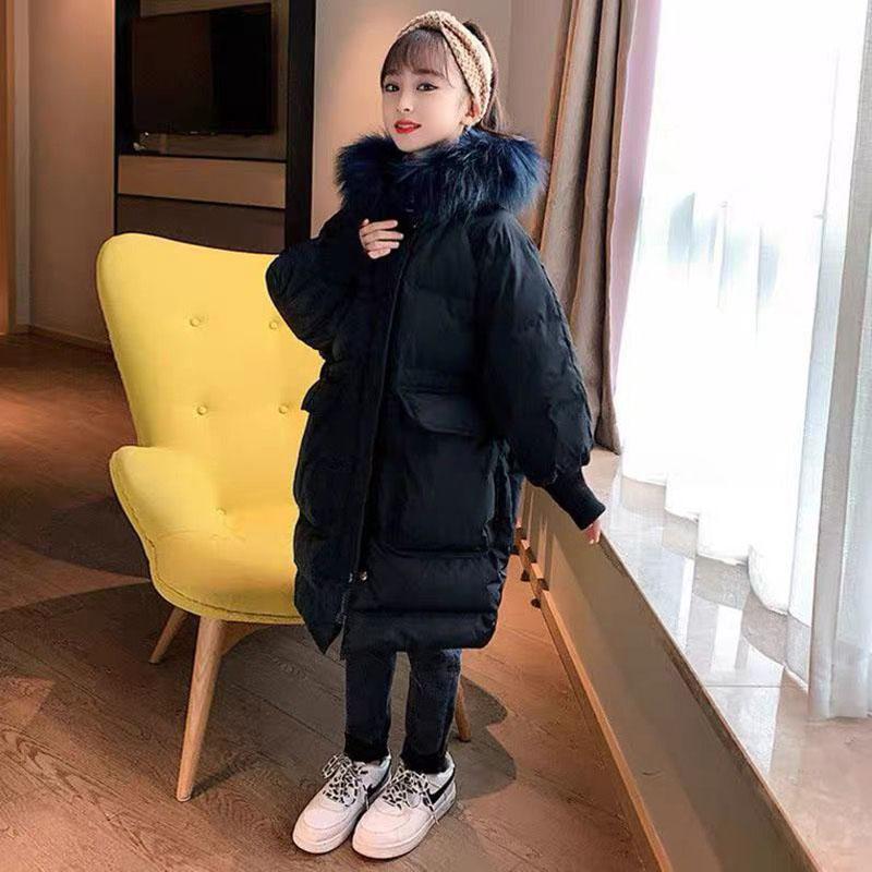 Girls' Winter Mid-length Cotton Jacket Padded Jacket with Velvet Windproof and Warm Top