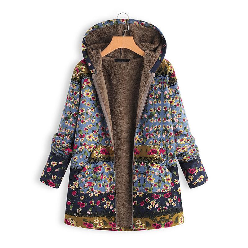 Floral Parkas for Women Plus Size Thick Warm Winter Hooded Jackets Loose Casual Long Zipper Coat Ladies Cotton Parkas