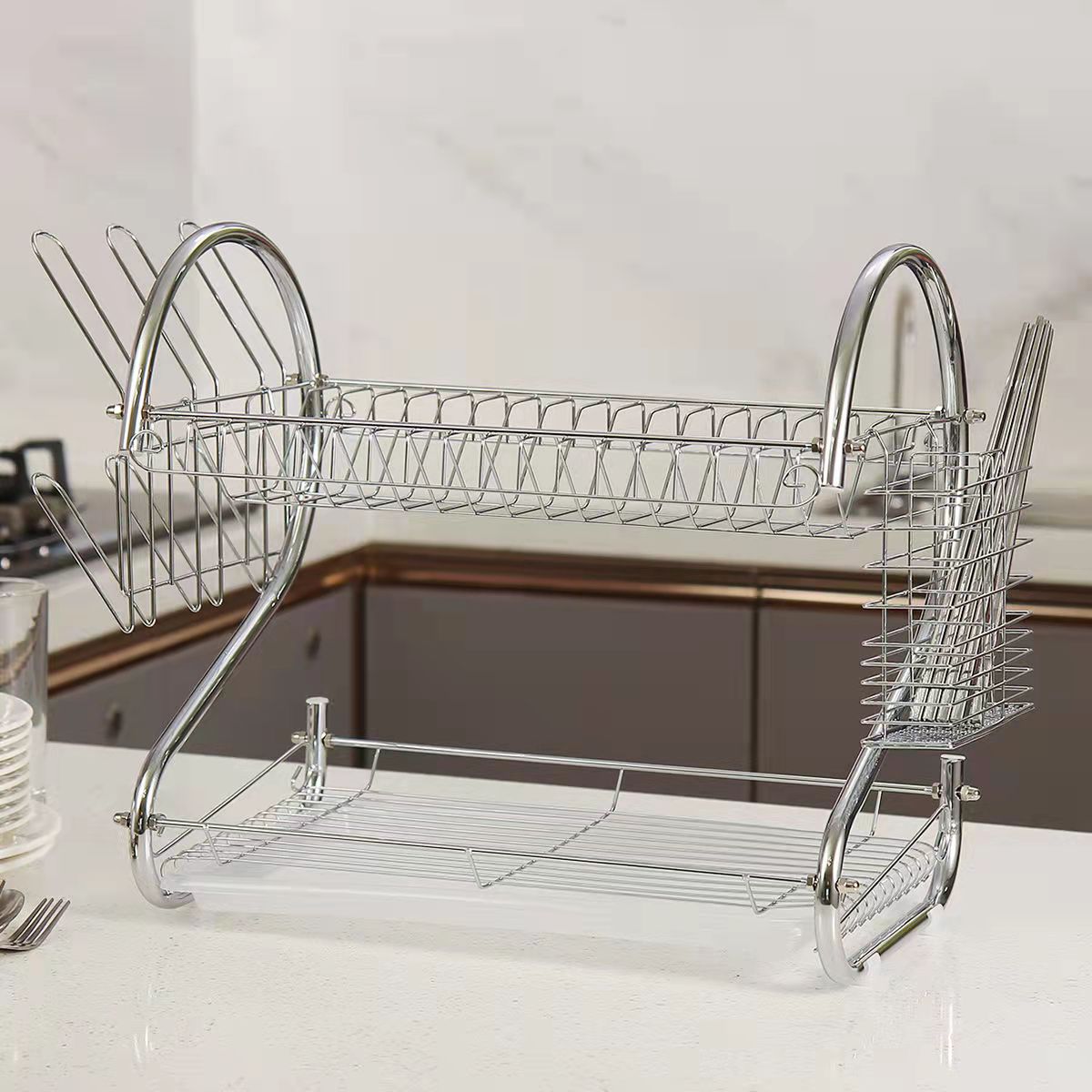 Steel 2 Tier Dish Drying Cutlery Stainless Drainer Drain Silver Tray Rack MH5R