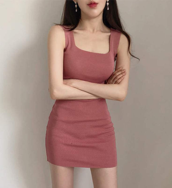 Sling Dress Women Spring and Summer Knitted Square Neck Dress Tight-fitting Hip Bottoming Vest Skirt Summer Sleeveless Short Dress