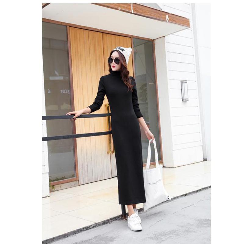 Plus Velvet Thick Warm Dress Winter Long-sleeved Half-high Collar Ladies Long Skirt Slim Over-the-knee Bottoming Bag Hip Skirt