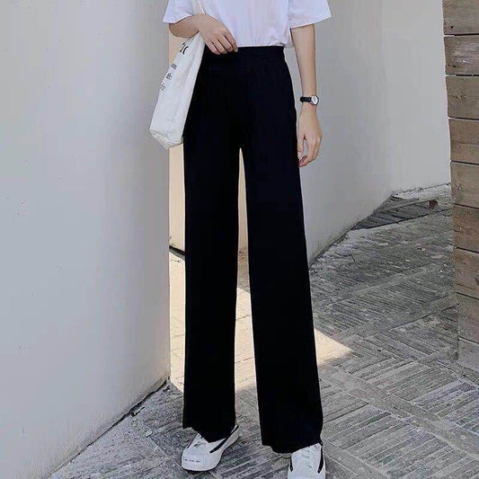 WTEMPO Mid Waist Pure Color Trousers Women's Wide-leg Pants Super Long Elastic Waist Straight Loose  Casual and Elegant Daily