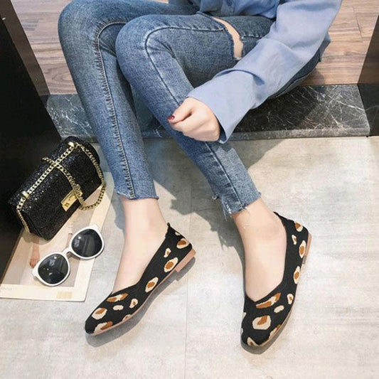 Leopard Print Knitted Shoes Knitted Flat Bottom Pointed Toe Breathable Woven Boat Shoes Soft Bottom Shallow Low Heel Single Shoes