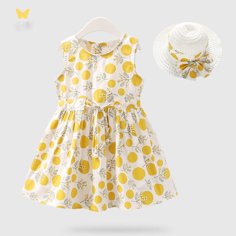 2PCS/Set Girls Dress +Hat Cotton Comfortable Children's Dress Summer Dress Floral Girls' Sleeveless Dress For Children