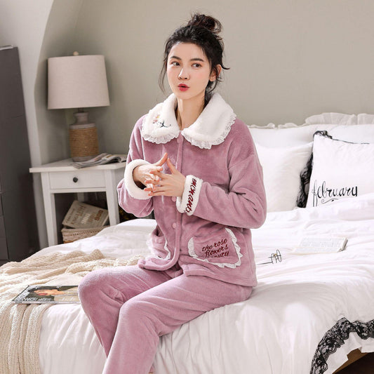 Women Flannel Pajamas Suit Winter Sleepwear Thick Velvet Coral Fleece Home Wear Long Sleeve Pyjamas Set Turn-down Collar Top Pants Sets