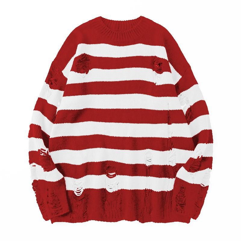 Couple Sweater Loose Lazy Trend Knit Bottoming Hole Men's Sweater Gothic Emo Punk Grunge Ripped Striped Sweater